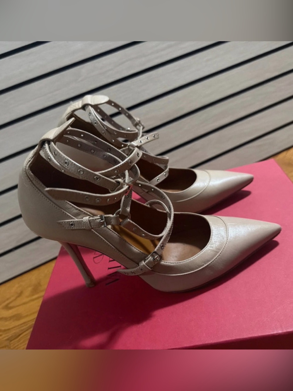 Valentino Garavani Studded Strappy Pointed-Toe Pumps in Beige